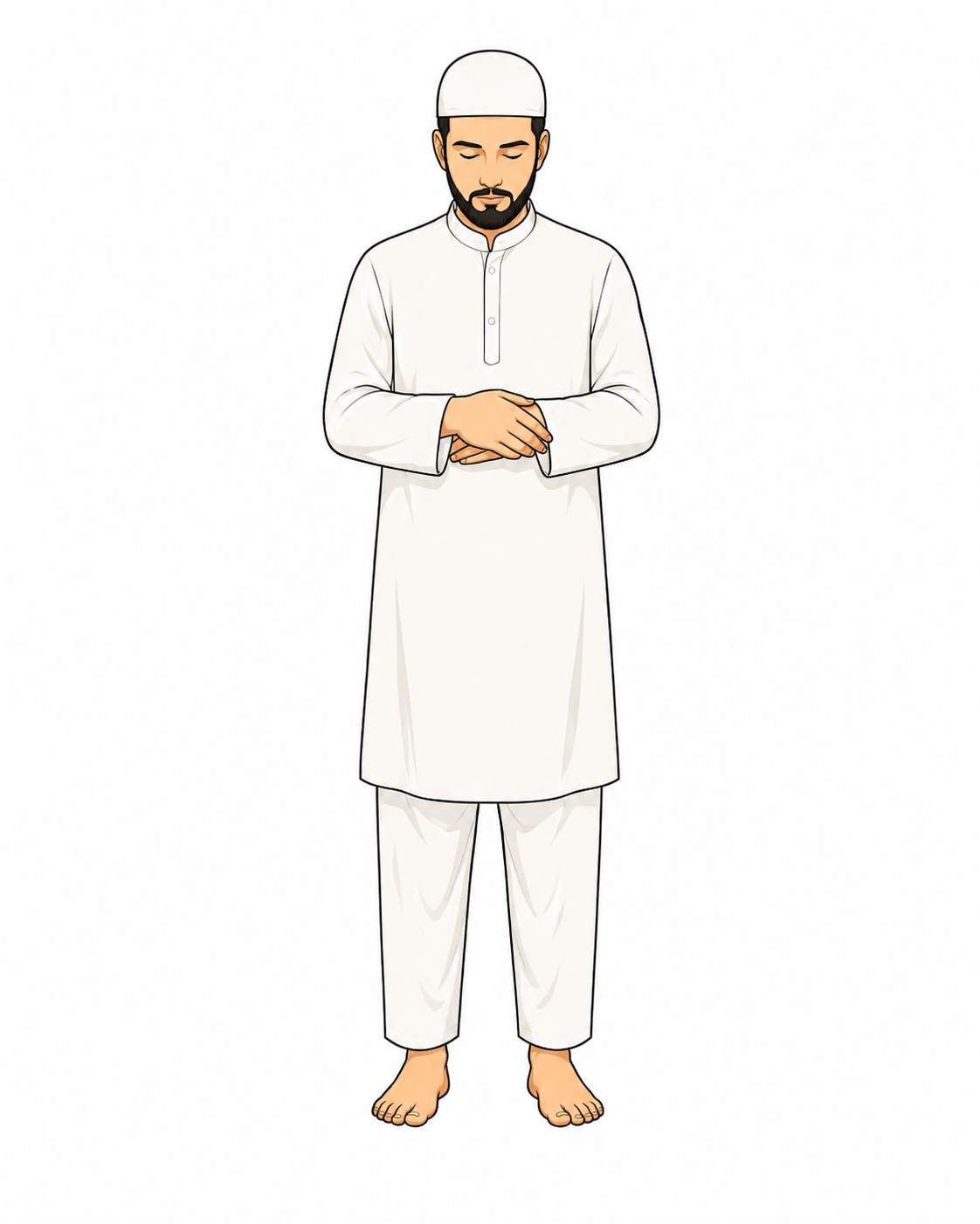 Illustration of a Muslim standing in prayer with hands folded on chest
