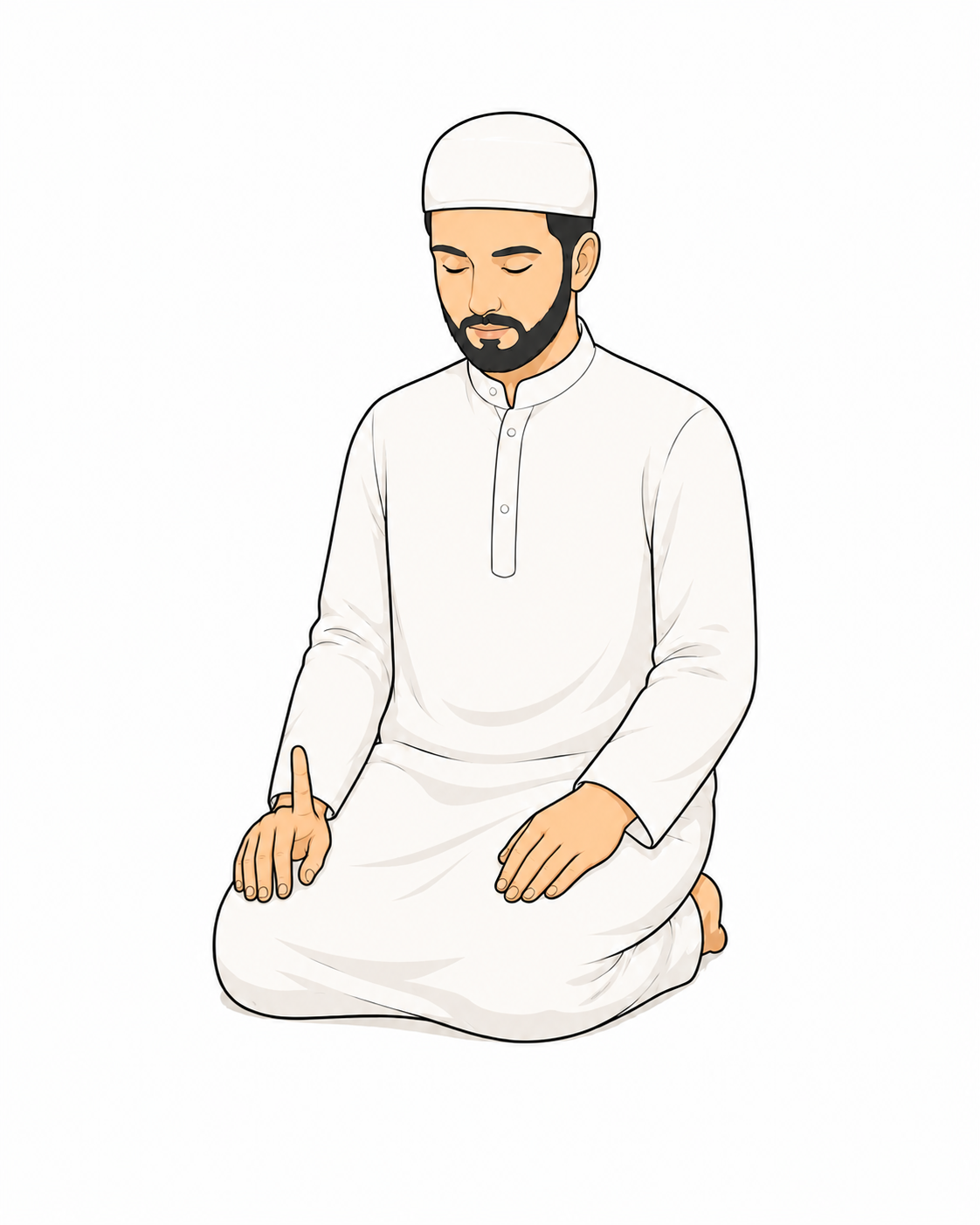 Illustration of a Muslim sitting for the Tashahhud with right index finger raised