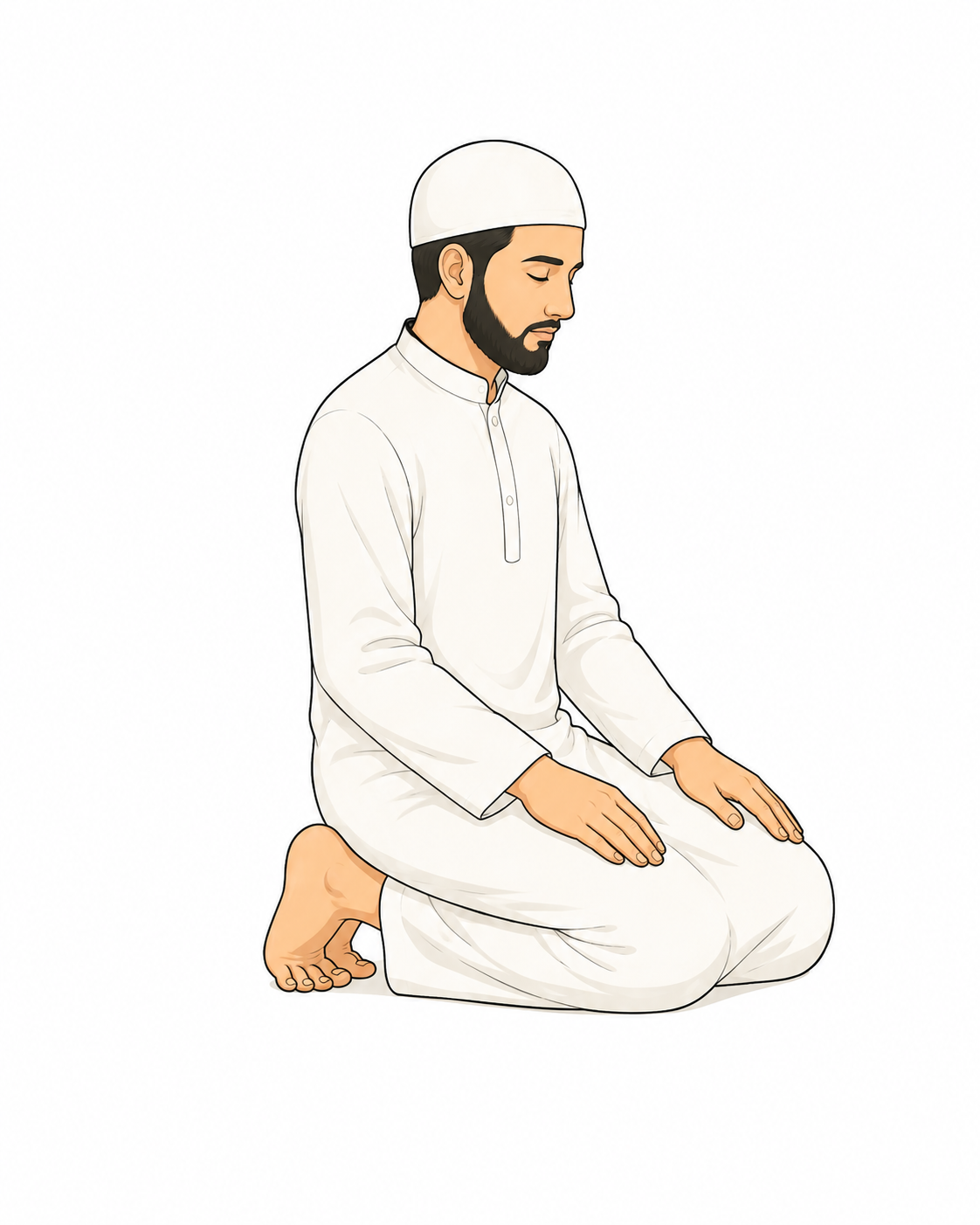 Illustration of a Muslim sitting between prostrations with hands on thighs